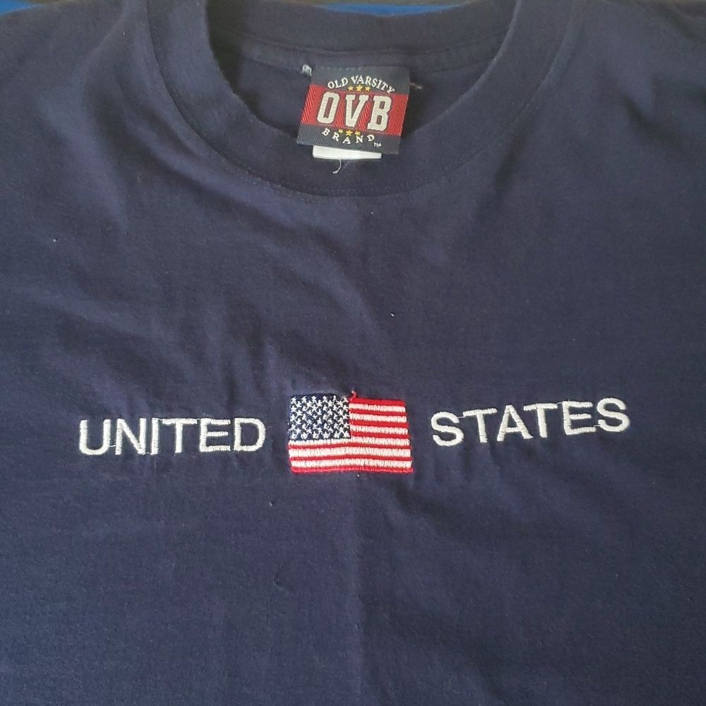 VTG Old Varsity Brand United States Flag Shirt XXL Blue Embroidered Patriotic - Picture 3 of 12